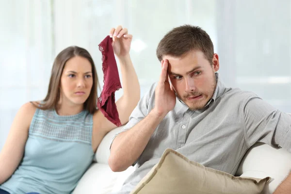 Disloyal Cheater Boyfriend Caught Girlfriend Showing Underwear Another Girl Couch — Stock Photo, Image