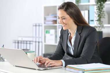 Ofisteki bir masada dizüstü bilgisayarda yazan mutlu yönetici kadın.