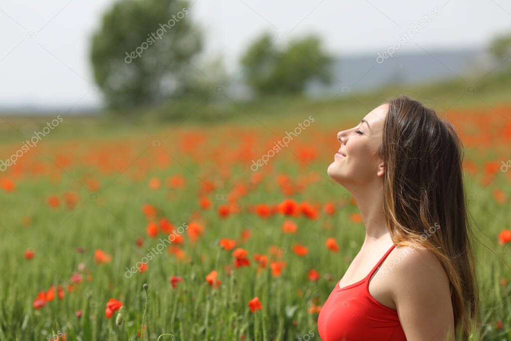 Profile of a satisfied woman breathing fresh air on a green poppy field in spring