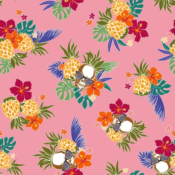 Hibiscus y patrón de piña — Vector de stock