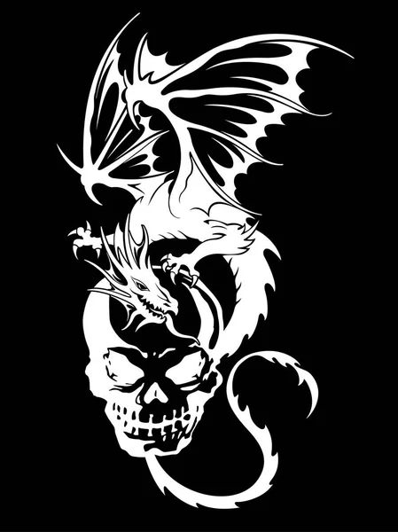 Skalle och dragon illustration, — Stock vektor