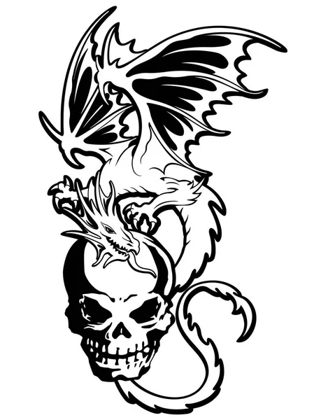 Ilustración de cráneo y dragón , — Vector de stock