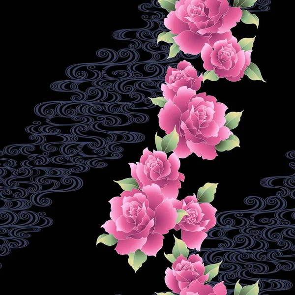 Japoński Styl Róży Wzór Projektowania Kwiat Róży Japońsku Służy Kimona — Wektor stockowy