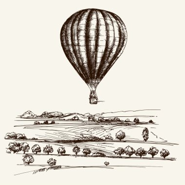 Sıcak hava balonu alan. Elle çizilmiş illüstrasyon.