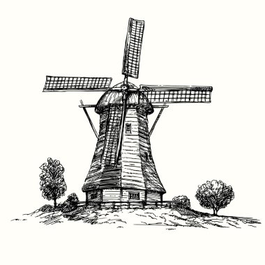 Hollanda yel değirmeni. Elle çizilmiş illüstrasyon