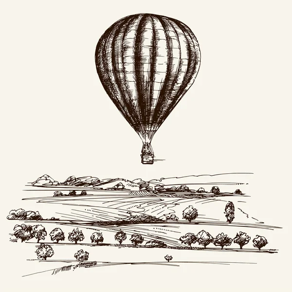 Heißluftballon über dem Feld. Handgezeichnete Illustration. — Stockvektor