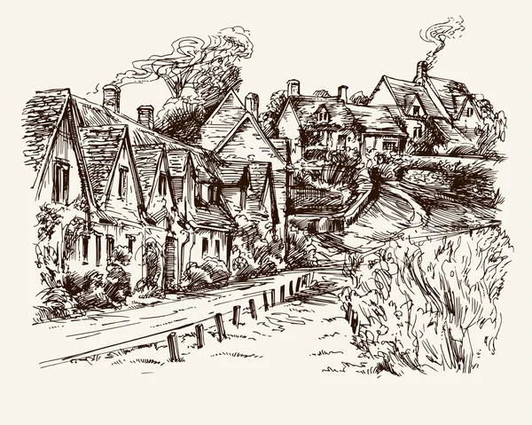 Houses of Arlington Row en el pueblo de Bibury, Inglaterra. Mano — Archivo Imágenes Vectoriales