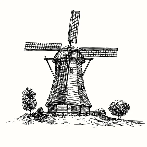 Hollanda yel değirmeni. Elle çizilmiş illüstrasyon — Stok Vektör