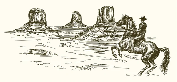 Amerikanische Wild-West-Wüste mit Cowboy - handgezeichnete Illustration — Stockvektor