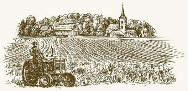Tractor in field. Hand drawn vector illustration.