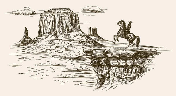 Amerikanische Wild-West-Wüste mit Cowboy - handgezeichnete Illustration — Stockvektor