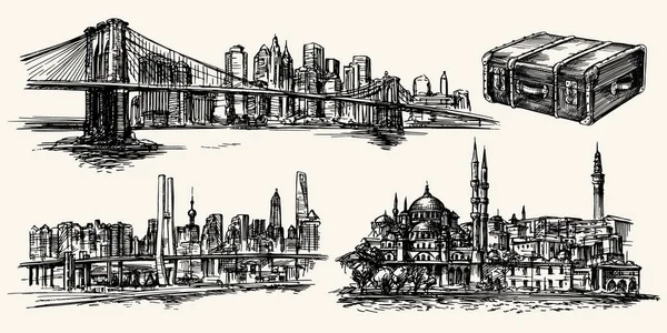 Reizen de wereld, New York, Istanbul, Shanghai — Stockvector