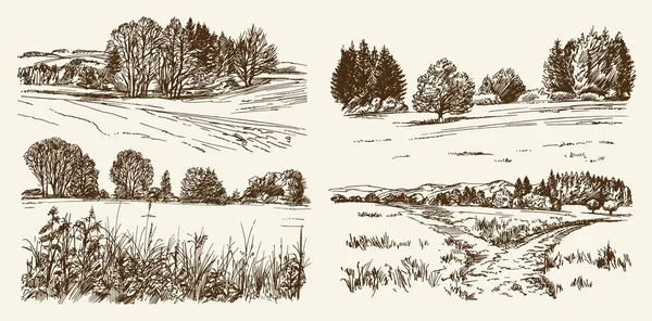 Paysage rural. Set dessiné à la main. — Image vectorielle