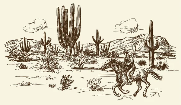 Deserto selvagem americano ocidental com cowboy - ilustração desenhada à mão — Vetor de Stock