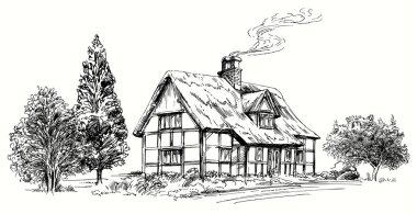 Elle çizilmiş vektör çizim - taş yazlık thatched çatı 