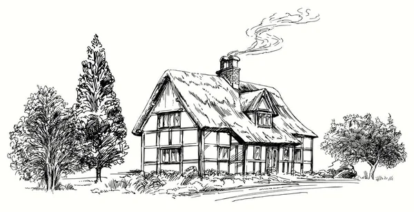 Illustration vectorielle dessinée à la main - chaume chalet en pierre de toit en — Image vectorielle