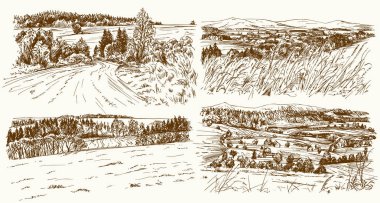 Kırsal manzara. Elle çizilmiş seti