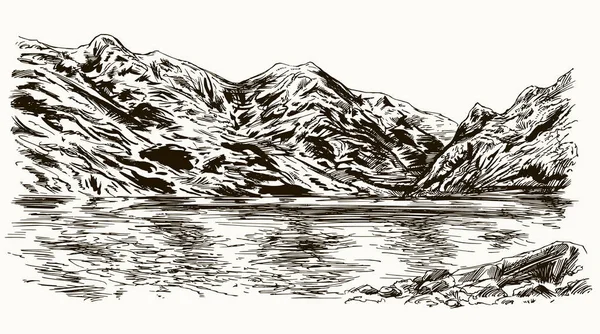 Picos de montaña paisaje con lago. ilustración dibujada a mano . — Vector de stock