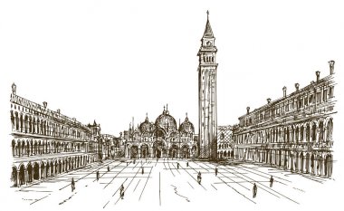 İtalya, Venedik, San Marco. Elle çizilmiş kroki.