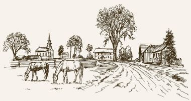 Atları, elle çizilmiş vektör ile New England grubunun Vintage görünümü 