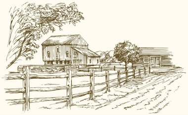 Vintage manzara, New England çiftlik, elle çizilmiş vektör illustrat