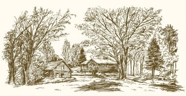 Vintage manzara, New England çiftlik, elle çizilmiş vektör illustrat