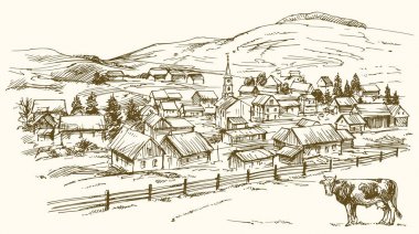 Vintage manzara, New England çiftlik, elle çizilmiş vektör illustrat