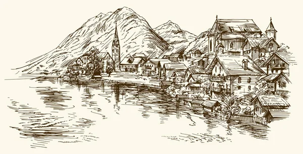 Austria, pueblo rural. ilustración dibujada a mano . — Archivo Imágenes Vectoriales