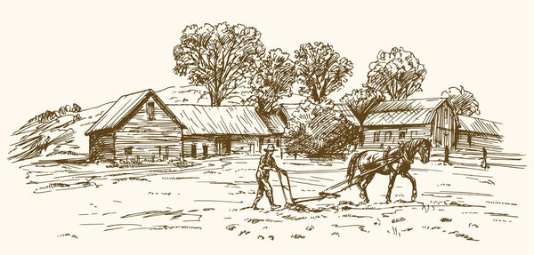 Ploughing the Field with Horse, barn on the background