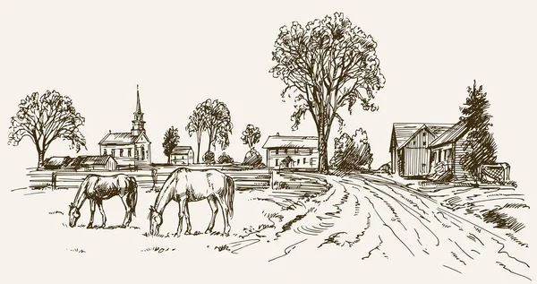 Vista vintage da fazenda da Nova Inglaterra com cavalos, vetor desenhado à mão — Vetor de Stock