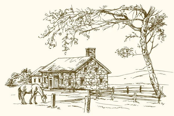 Vista vintage da fazenda New England com cavalo, vetor desenhado à mão i —  Vetores de Stock