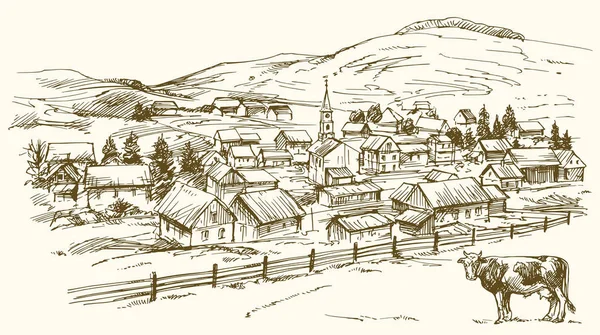 Vintage krajina, farma New England, ručně kreslenou vektorové illustrat — Stockový vektor