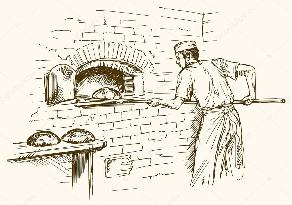 Baker taking out with shovel bread from the oven, vector illustr