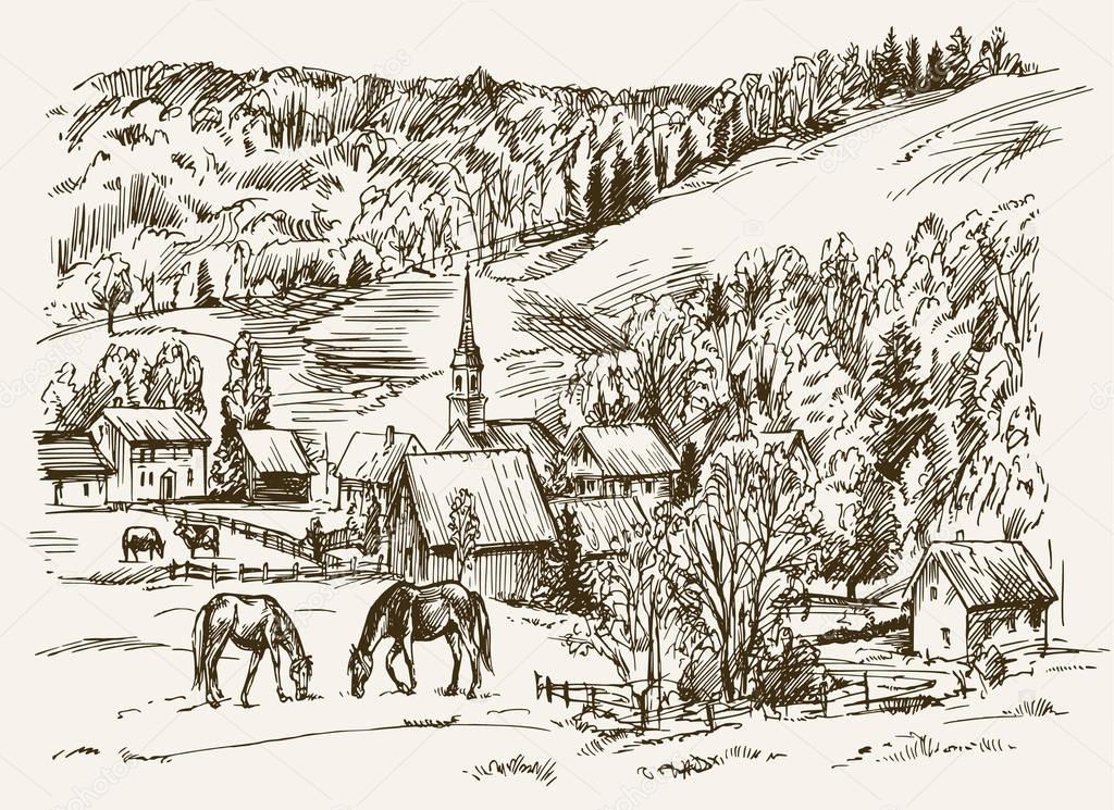 Vintage view of New England farm with horses and cows, hand draw