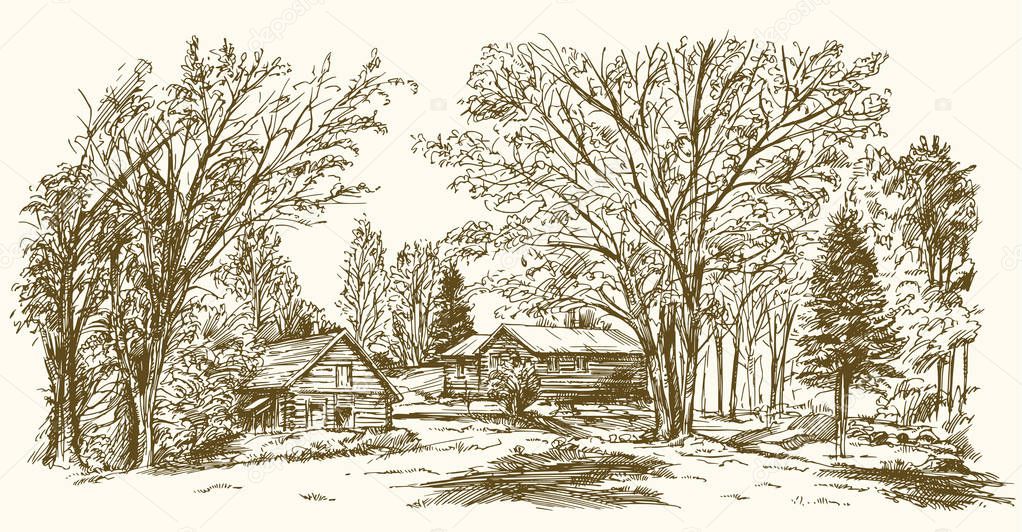 Vintage landscape, New England farm, hand drawn vector illustrat
