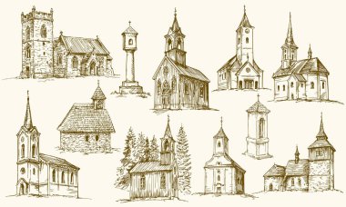 Eski ülke kiliseler ayarlayın. Çizilmiş vektör çizim el.
