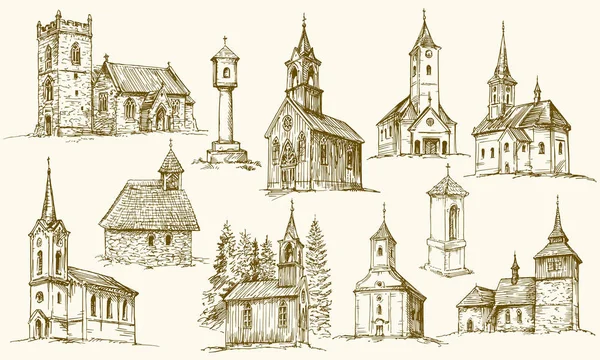 Ensemble de vieilles églises de campagne. Illustration vectorielle dessinée main . — Image vectorielle