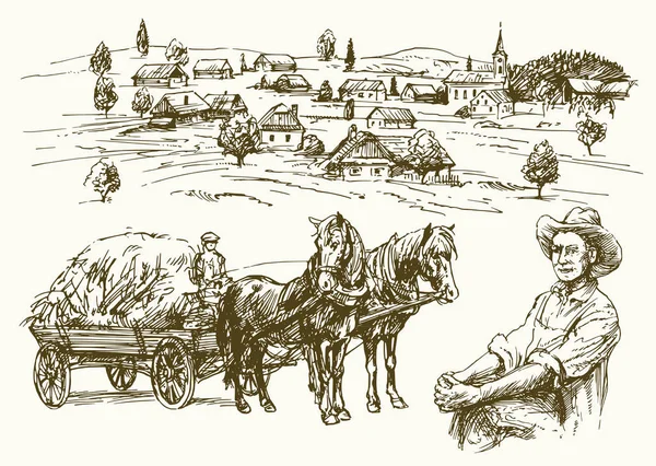 Ferme, paysage rural, agriculture - collection dessinée à la main — Image vectorielle