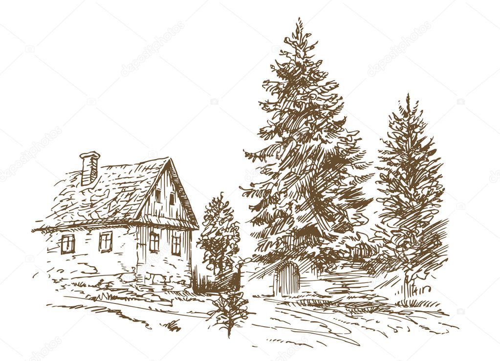 Rural landscape. Hand drawn vector illustration.