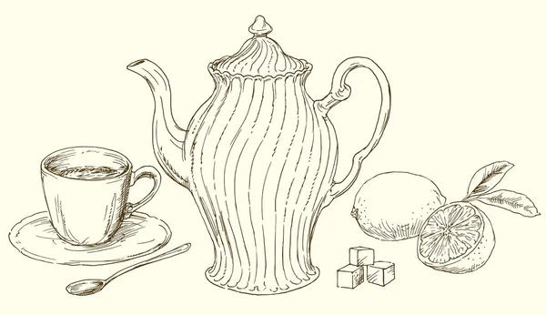 Théière vintage et tasse de thé au citron . — Image vectorielle