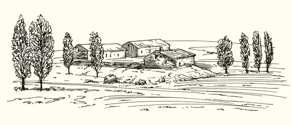 Paisaje rural con casas y prados . — Archivo Imágenes Vectoriales