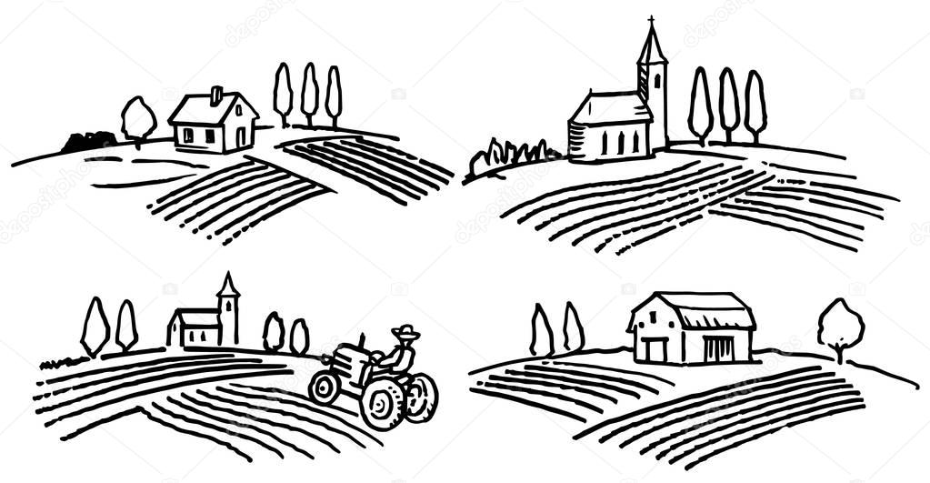 set of hand drawn agricultural landscapes