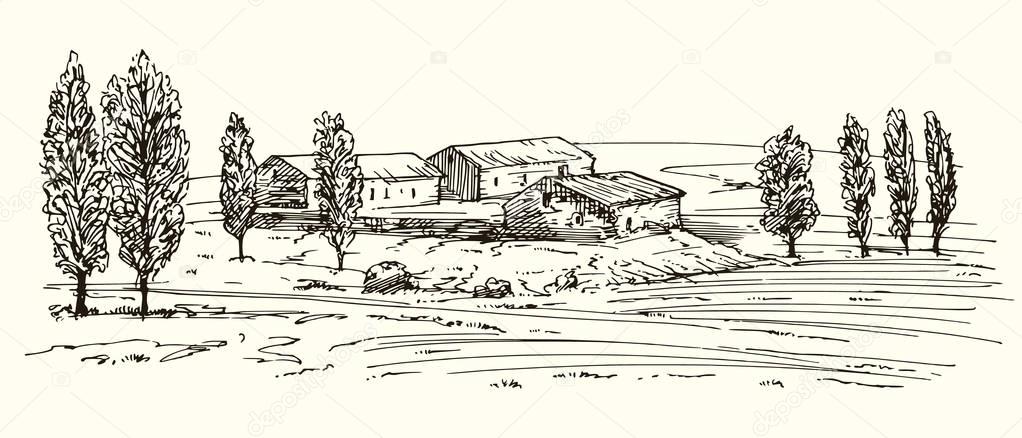 Rural landscape with houses and meadow.