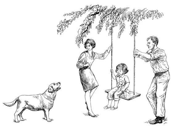 Madre e padre fanno dondolare i bambini. Illustrazione disegnata a mano . — Vettoriale Stock
