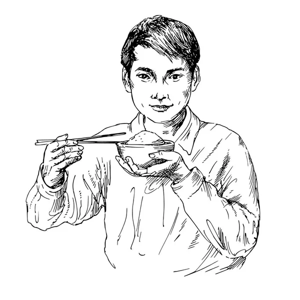 Joven asiático comiendo arroz con palillos . — Vector de stock