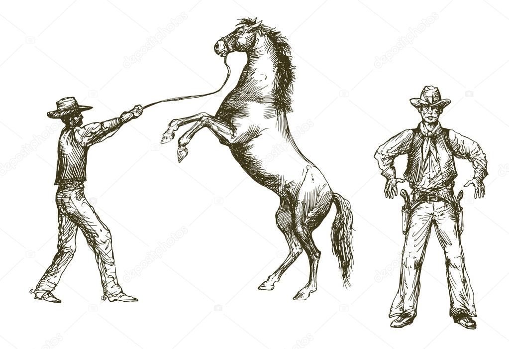 Wild west, cowboy and horse, cowboy with gun.