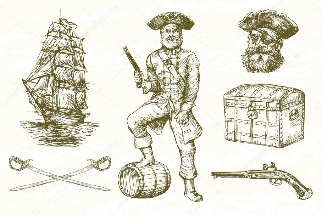 Pirate, hand drawn set.
