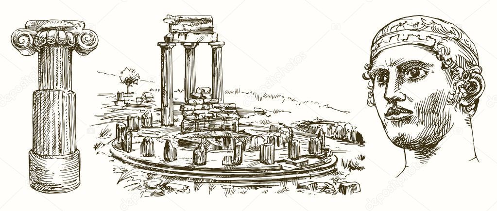 Sanctuary of Apollo at Delphi, Greece, hand drawn set