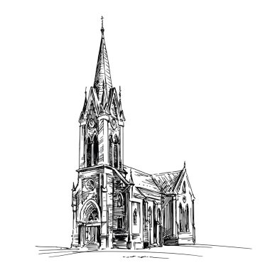 Hristiyan kilise binası, el çizimi vektör çizimi.