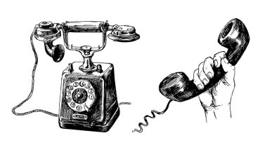 Eski telefon, el çizimi set.